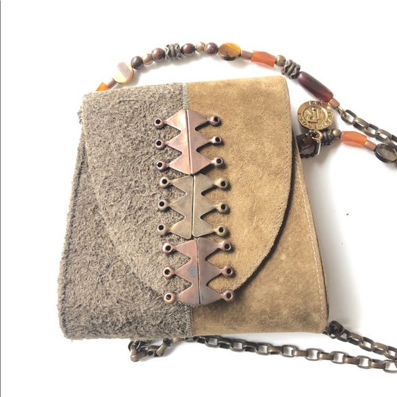 LEATHEROCK Olive & Tan Suede Box Shoulder Bag with Bead & Bronze Detail - Picture 2 of 13